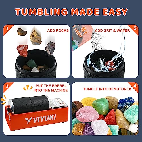 VIYUKI 2024 Professional Rock Tumbler Kit - Double Drum 6LB Lapidary Polisher for Adults (Double Barrel), Includes Rough Gemstones, 8 Polishing Grits, Jewelry, Learning Guide, Great Stem Science Kit