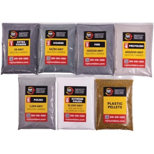 MJR Tumblers Rock Tumbler Refill Grit Kit Lapidary Silicon Carbide Aluminum Oxide with Plastic Pellets 6 Stages for Polishing All Stones and Gems, 6lb