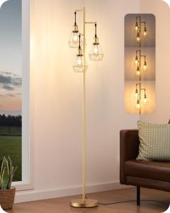 EDISHINE Industrial Farmhouse Floor Lamp Diamond Shade 3 Edison Bulbs Gold