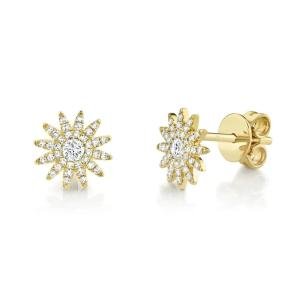 14K Yellow Gold Diamond Starburst Stud Earrings Round Cut Natural 0.24CT