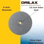 Drilax 6 inch Grit 600 Professional Quality High Density Diamond Coated Flat Lap Lapping Lapidary Wheel Disc Glass Jewelry Polishing Tool Grinding Sharpening Metal Back 1/2 Arbor (Grit600)