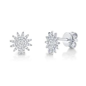 14K White Gold Diamond Starburst Stud Earrings Round Cut Natural 0.24CTW