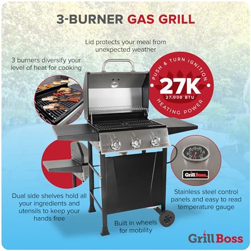 Outdoor 3 Burner Propane Gas Grill with Lid