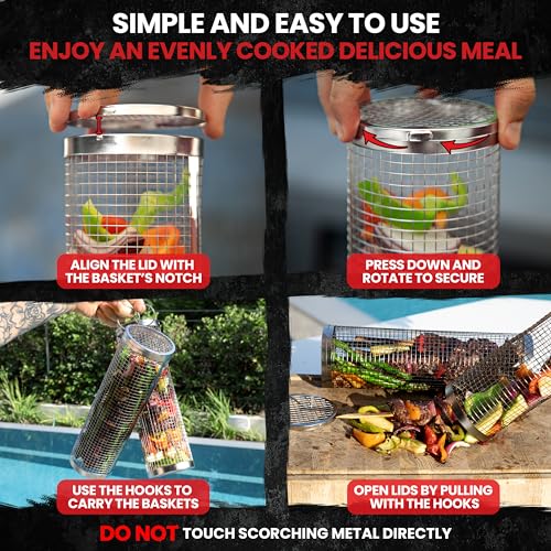 Portable Rolling Grill Basket - Stainless Steel BBQ Rack
