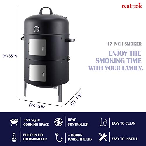 Realcook 17-Inch Vertical Charcoal Smoker & BBQ Grill