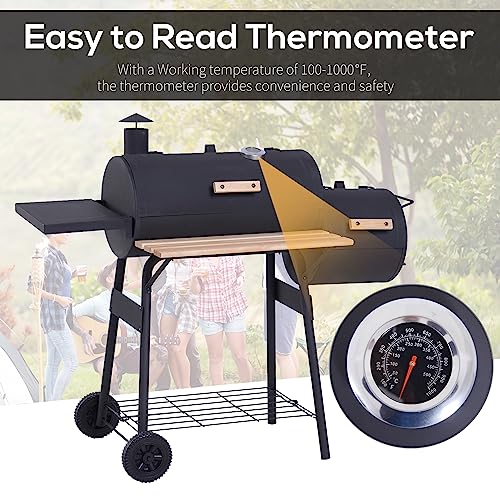 48" Steel Portable Backyard Charcoal BBQ Grill and Offset Smoker with Wheels