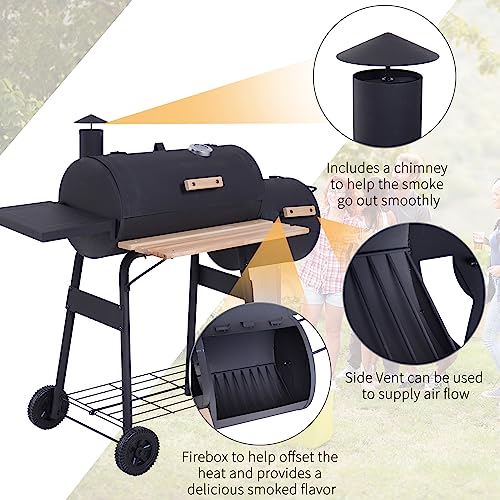 48" Steel Portable Backyard Charcoal BBQ Grill and Offset Smoker with Wheels