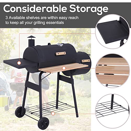 48" Steel Portable Backyard Charcoal BBQ Grill and Offset Smoker with Wheels