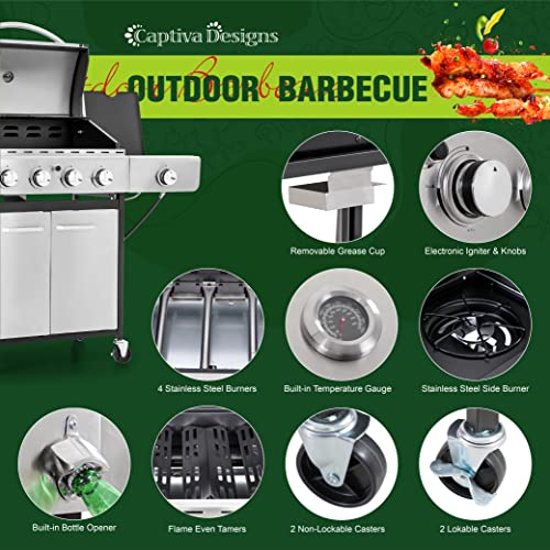 Propane Gas BBQ Grill with Side Burner & Cast Iron Grates