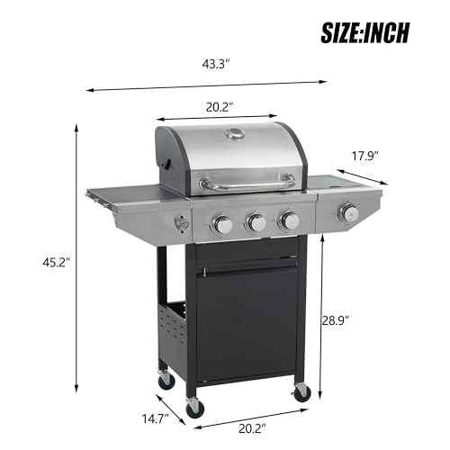 Stainless Steel Propane Gas Grill - 3 Burner+Side Burner