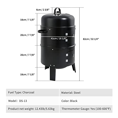 32" Black Charcoal Smoker BBQ Grill, 3-in-1 Cooker