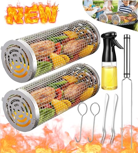 Large Stainless Steel Rolling Grill Baskets - BBQ Accessories