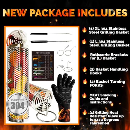 Grill Baskets Set: Fish, Meat, Fries, Forks, Hooks, Glove