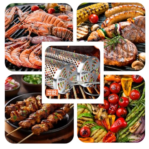 Grill Baskets Set: Fish, Meat, Fries, Forks, Hooks, Glove