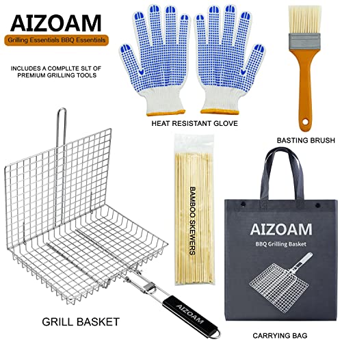 AIZOAM Stainless Steel BBQ Grill Basket for Fish & Vegetables