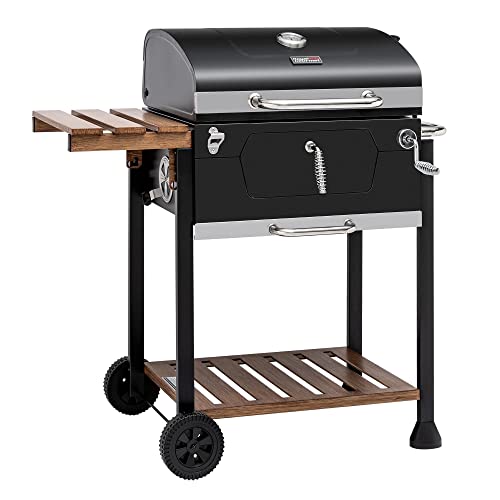 24" Charcoal Grill & BBQ Smoker with Handle and Folding Table