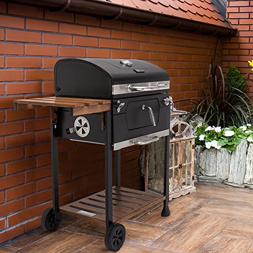 24" Charcoal Grill & BBQ Smoker with Handle and Folding Table