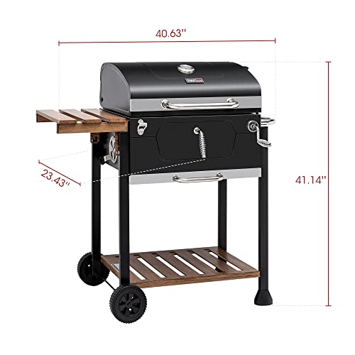 24" Charcoal Grill & BBQ Smoker with Handle and Folding Table