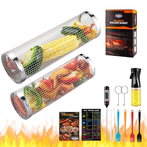 Everpeak Stainless Steel Rolling Grill Basket - Large BBQ Tools - Versatile & Convenient