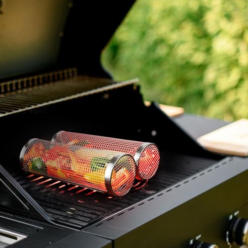 Everpeak Stainless Steel Rolling Grill Basket - Large BBQ Tools - Versatile & Convenient