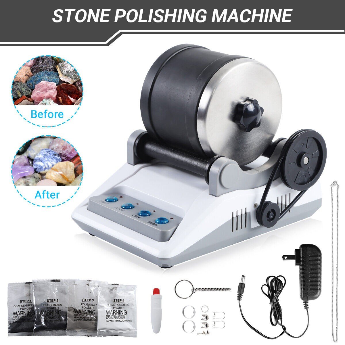 Rock Tumbler Polisher Kit with Grits & Fastenings