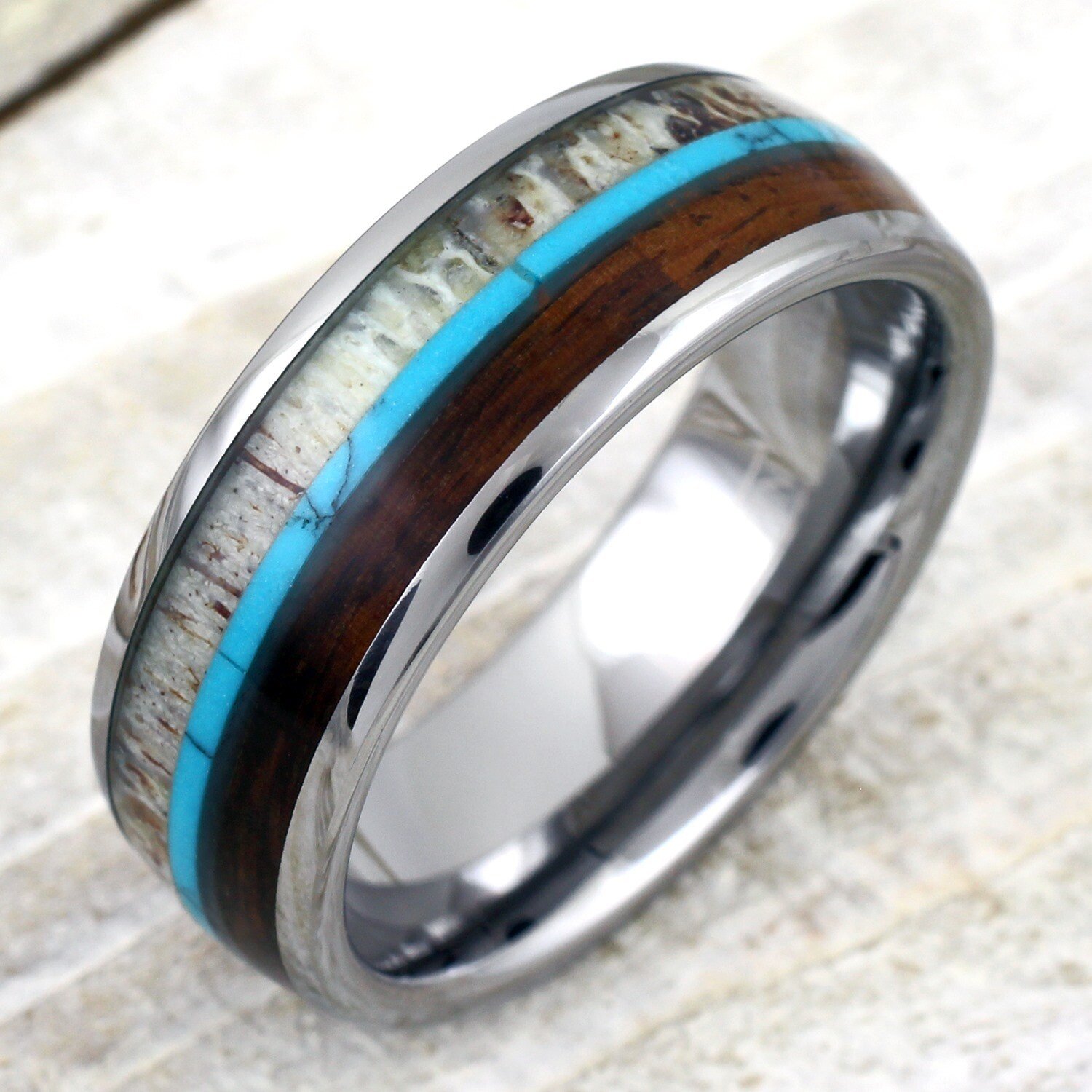 Men’s Deer Antler Turquoise Wood Band Ring