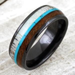 Men's Deer Antler Turquoise Wood Band Ring