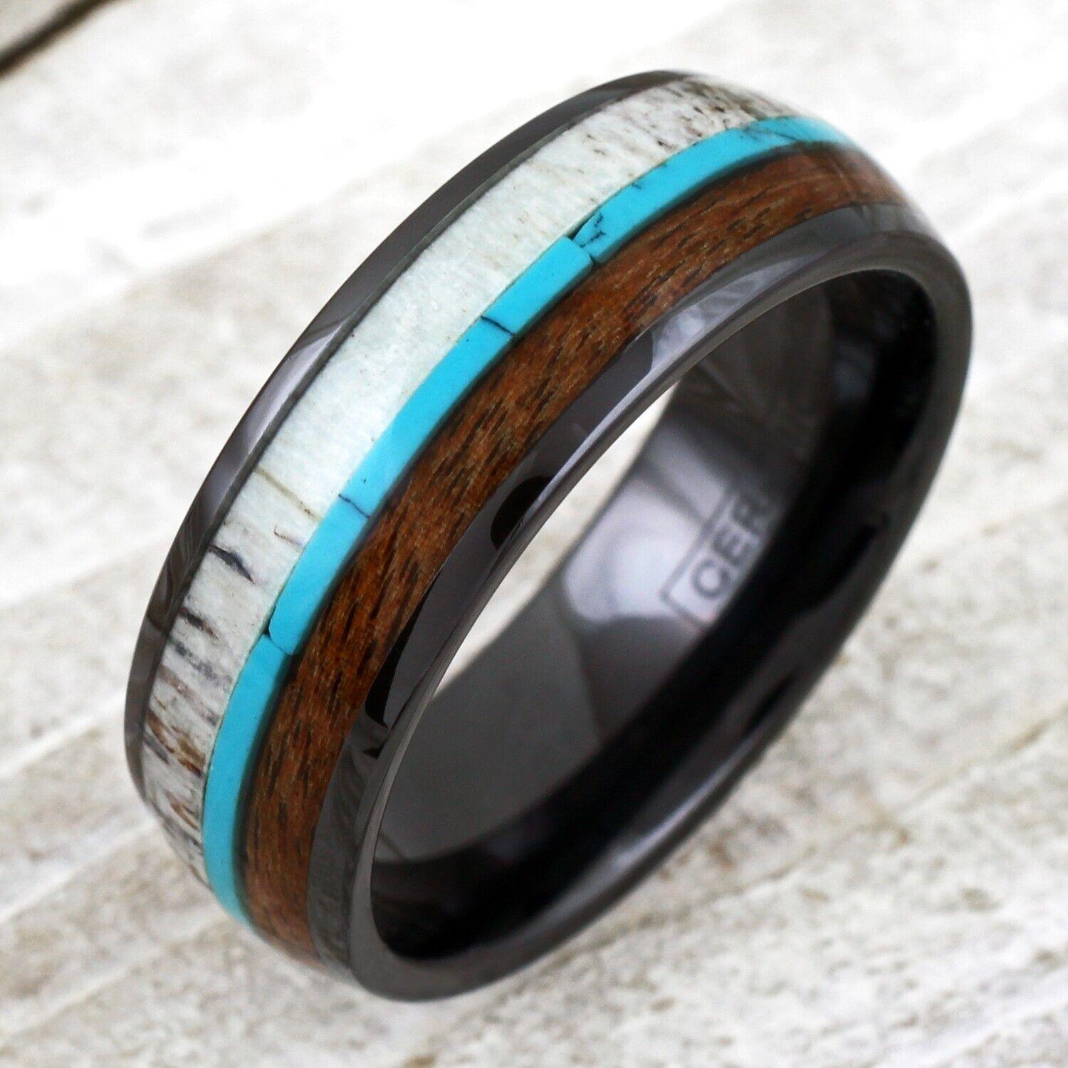 Tungsten Ceramic Men's Deer Antler Wood Band Ring