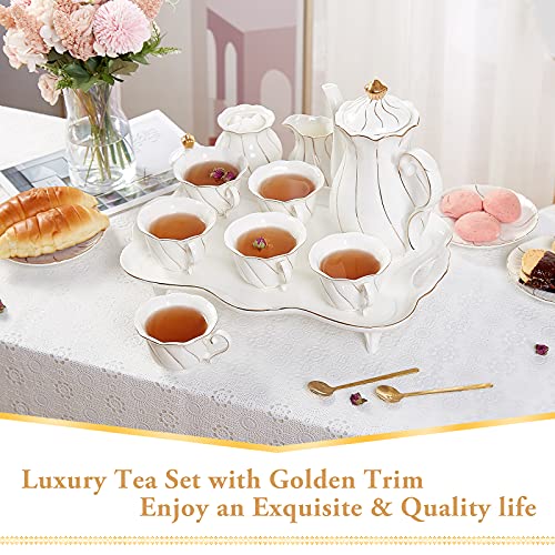 Luxury 14-Piece Green Tea Set with Golden Trim