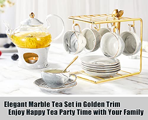 Handcrafted Green Tea Set: 21pcs, Gray Marble, Golden Trim