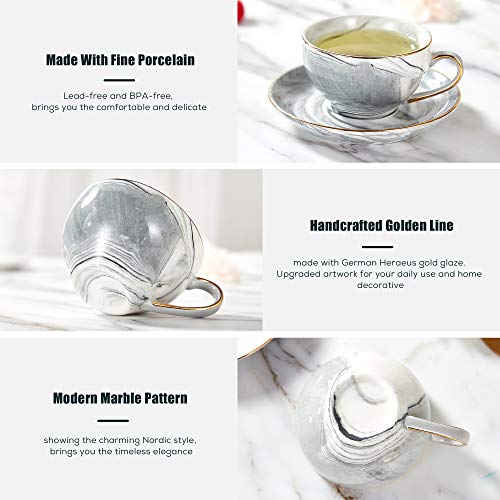 Handcrafted Green Tea Set: 21pcs, Gray Marble, Golden Trim