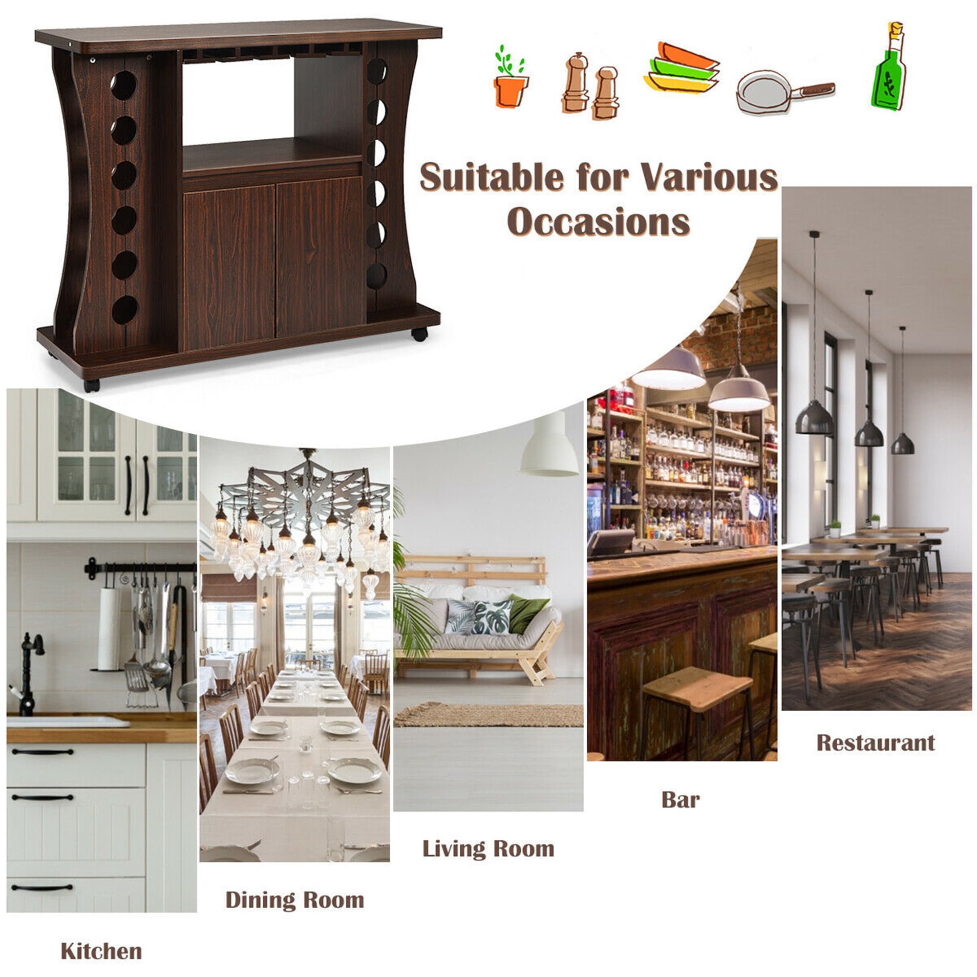 Wooden Wine Rack Bar Cabinet with Glass Holder