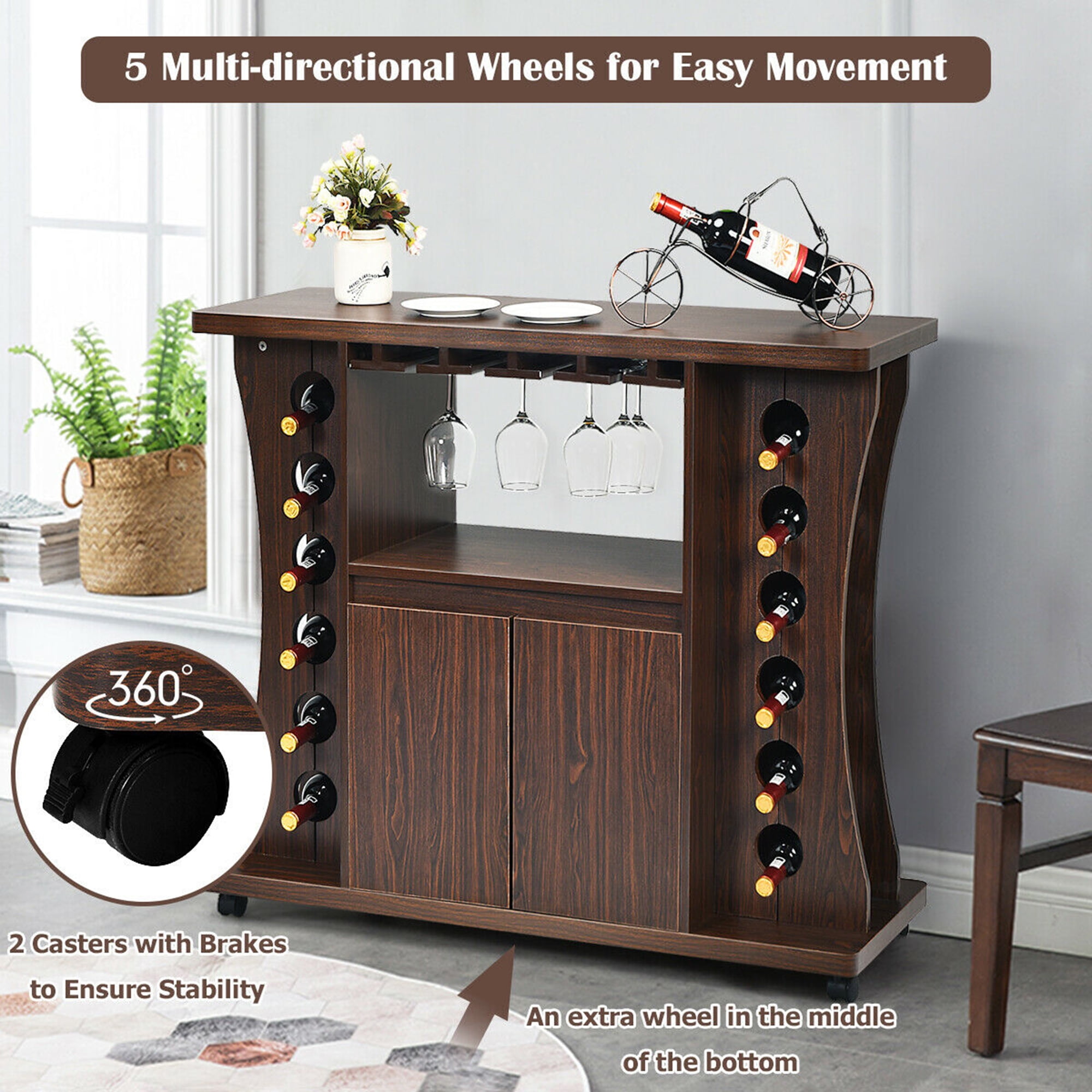 Wooden Wine Rack Bar Cabinet with Glass Holder