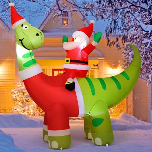 6ft Christmas Inflatable: Santa Riding Dinosaur with LEDs