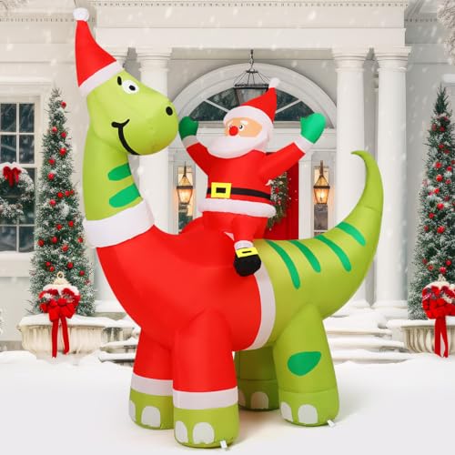 6ft Christmas Inflatable: Santa Riding Dinosaur with LEDs