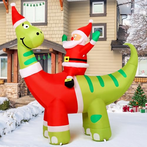 6ft Christmas Inflatable: Santa Riding Dinosaur with LEDs