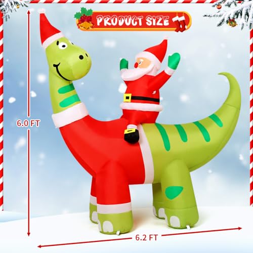 6ft Christmas Inflatable: Santa Riding Dinosaur with LEDs