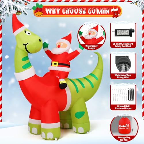 6ft Christmas Inflatable: Santa Riding Dinosaur with LEDs