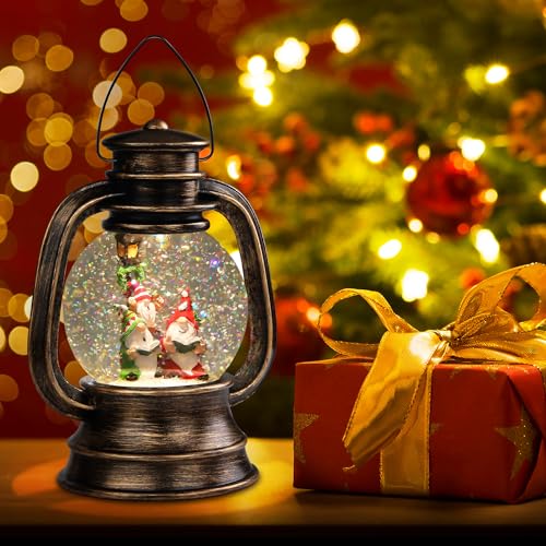 Retro-Elf Snow Globe Lantern: Swirling Glitter Xmas Decor