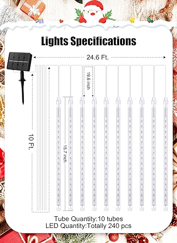 Solar Powered White Meteor Shower Lights - 10 Tubes, 240 LEDs