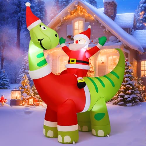 6ft Christmas Inflatable: Santa Riding Dinosaur with LEDs