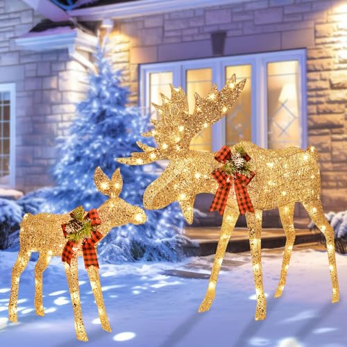 Gold Moose Family Lighted Christmas Decoration Set
