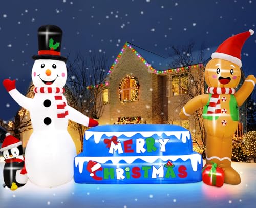 AerWo 10FT LED Christmas Yard Decorations, Gingerbread Man & Snowman Inflatables