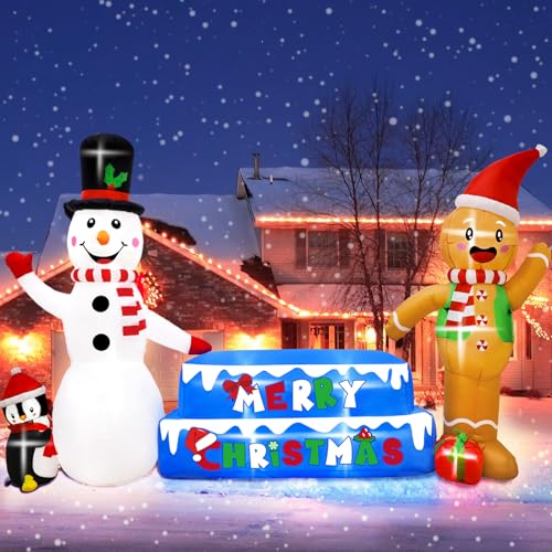 AerWo 10FT LED Christmas Yard Decorations, Gingerbread Man & Snowman Inflatables