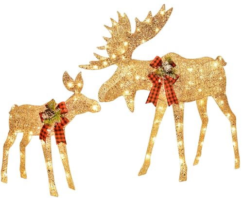 Gold Moose Family Lighted Christmas Decoration Set