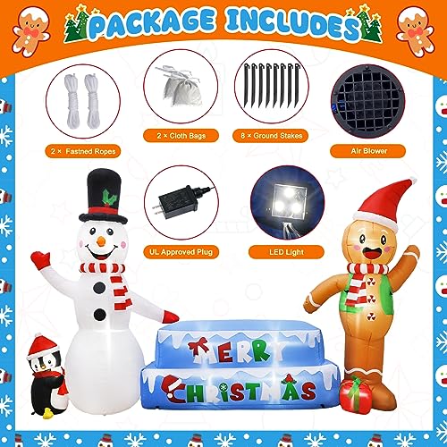 AerWo 10FT LED Christmas Yard Decorations, Gingerbread Man & Snowman Inflatables