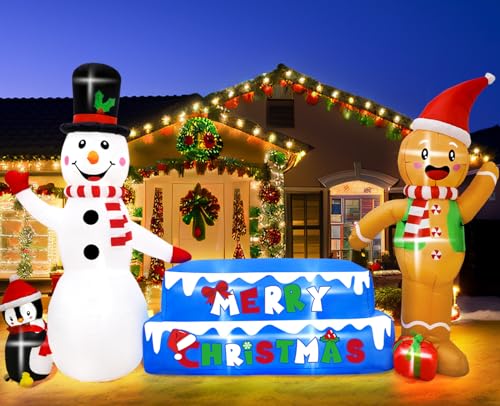 AerWo 10FT LED Christmas Yard Decorations, Gingerbread Man & Snowman Inflatables