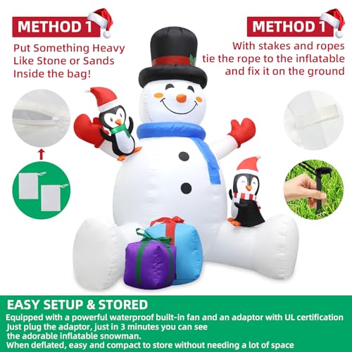 7FT Blow Up Snowman with Penguins, LED Christmas Decoration