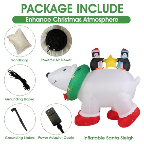 6FT Polar Bear & Penguin Christmas Inflatables: LED-Lit