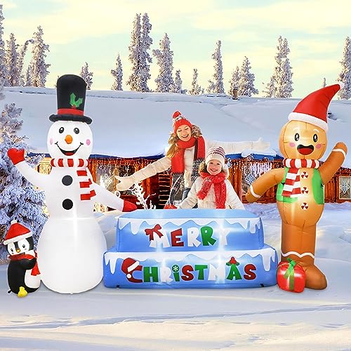 AerWo 10FT LED Christmas Yard Decorations, Gingerbread Man & Snowman Inflatables